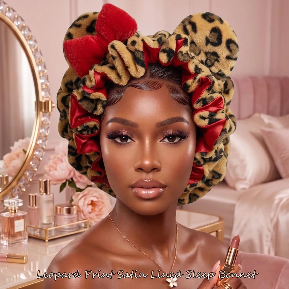 Leopard Print Satin Lined Sleep Bonnet