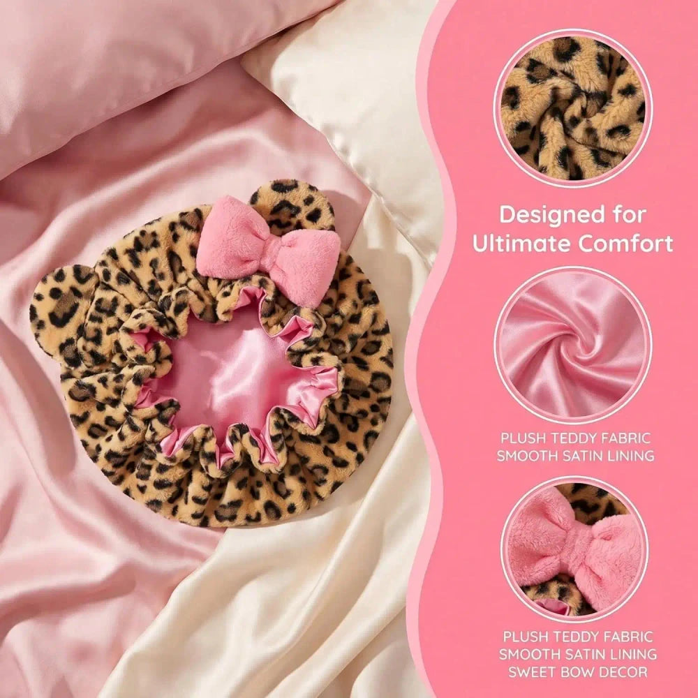 Leopard Print Satin Lined Sleep Bonnet