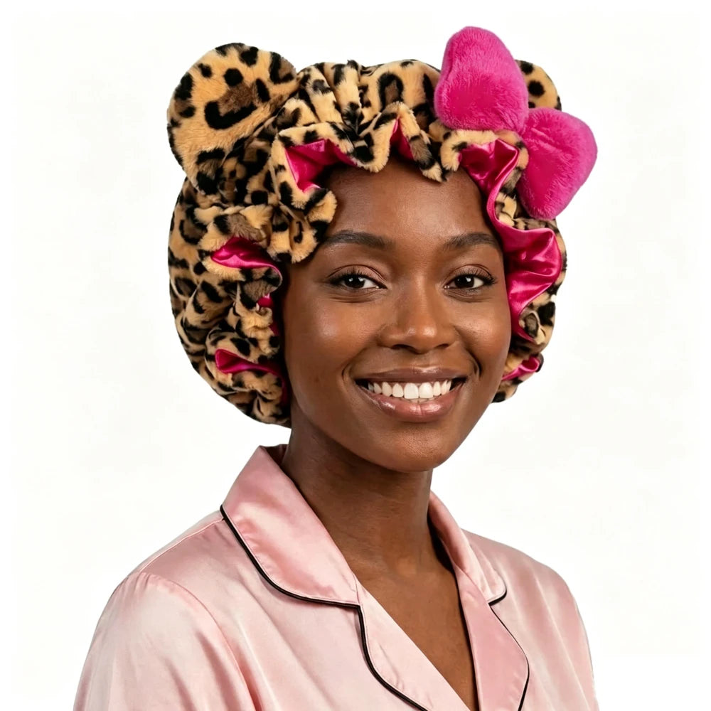 Leopard Print Satin Lined Sleep Bonnet