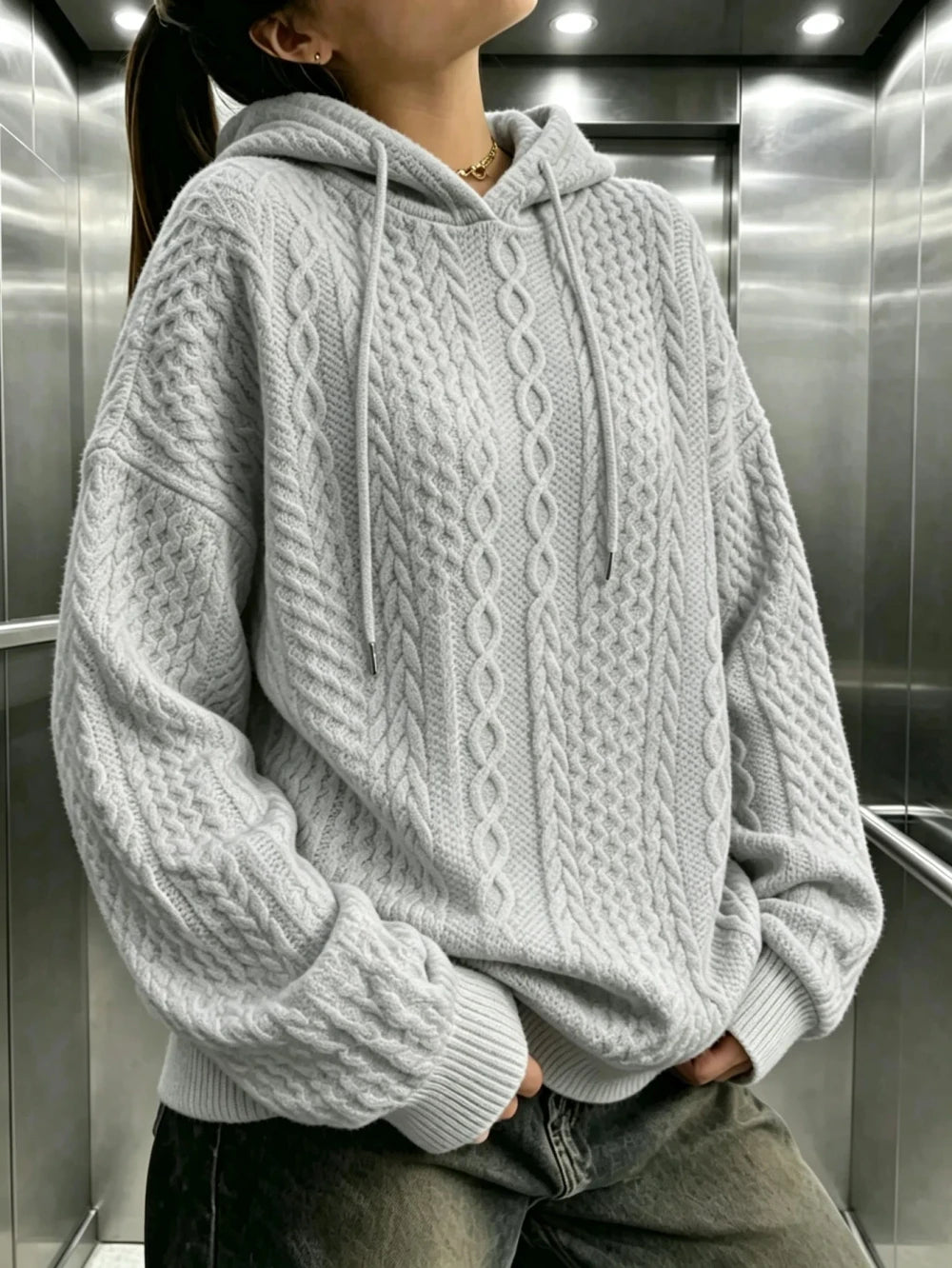 Cable Knit Drawstring Hoodie