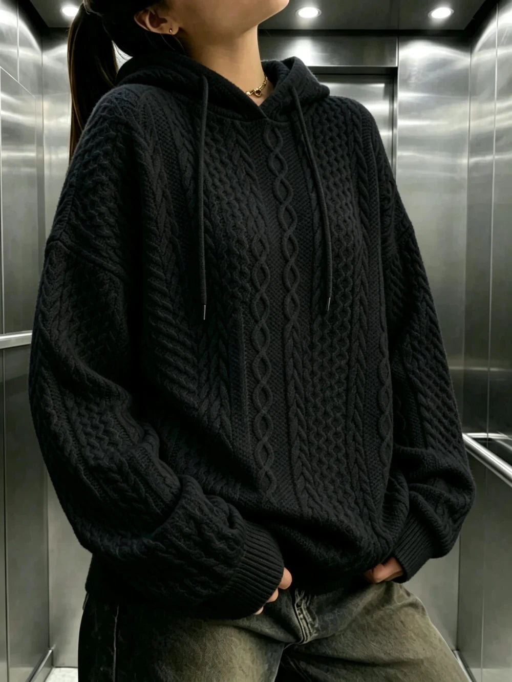 Cable Knit Drawstring Hoodie