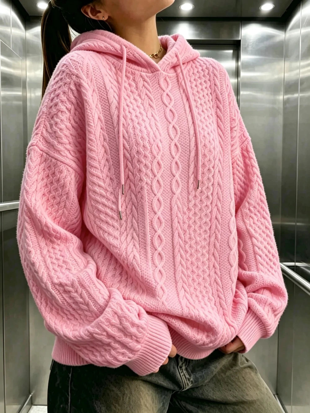Cable Knit Drawstring Hoodie