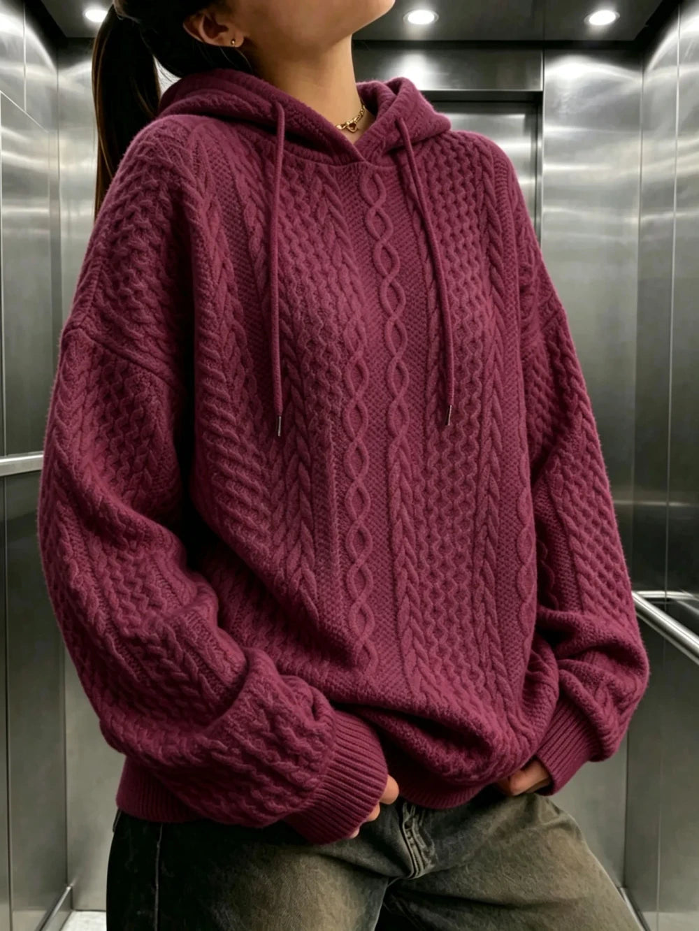Cable Knit Drawstring Hoodie