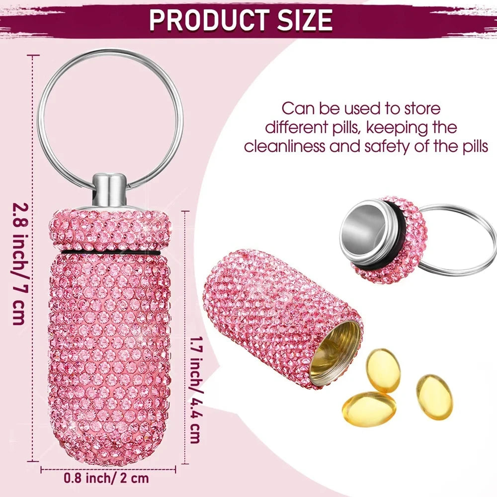Portable Rhinestone Pill Container Keychain