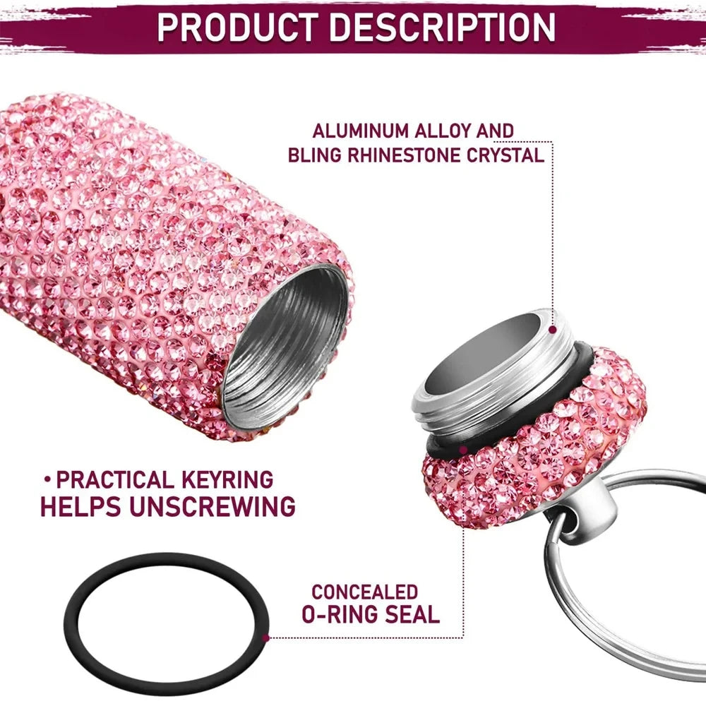 Portable Rhinestone Pill Container Keychain