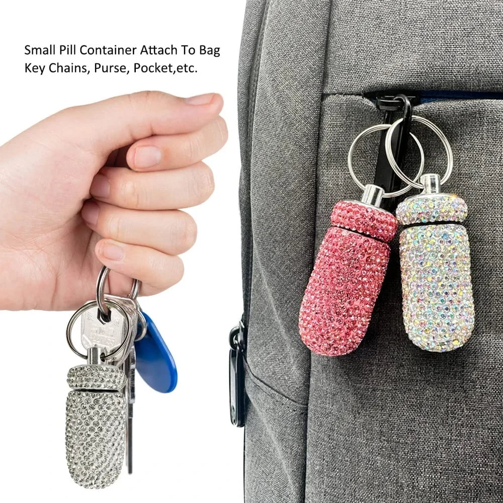 Portable Rhinestone Pill Container Keychain