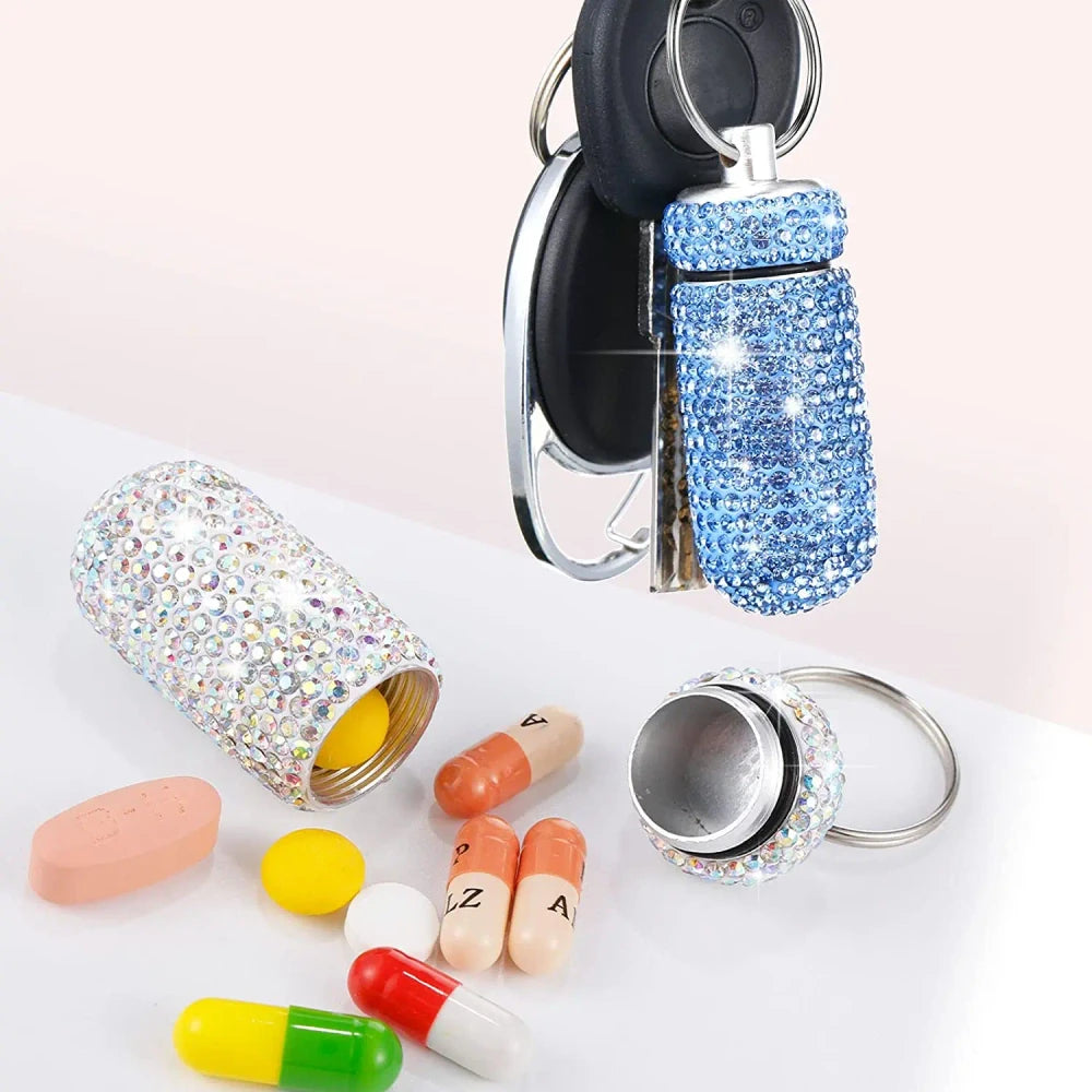 Portable Rhinestone Pill Container Keychain