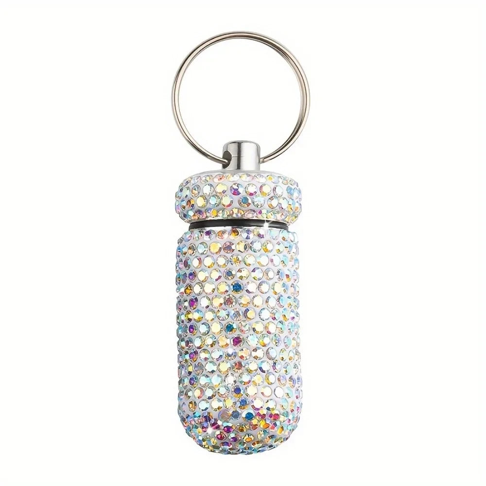 Portable Rhinestone Pill Container Keychain