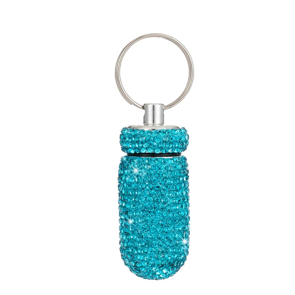 Portable Rhinestone Pill Container Keychain