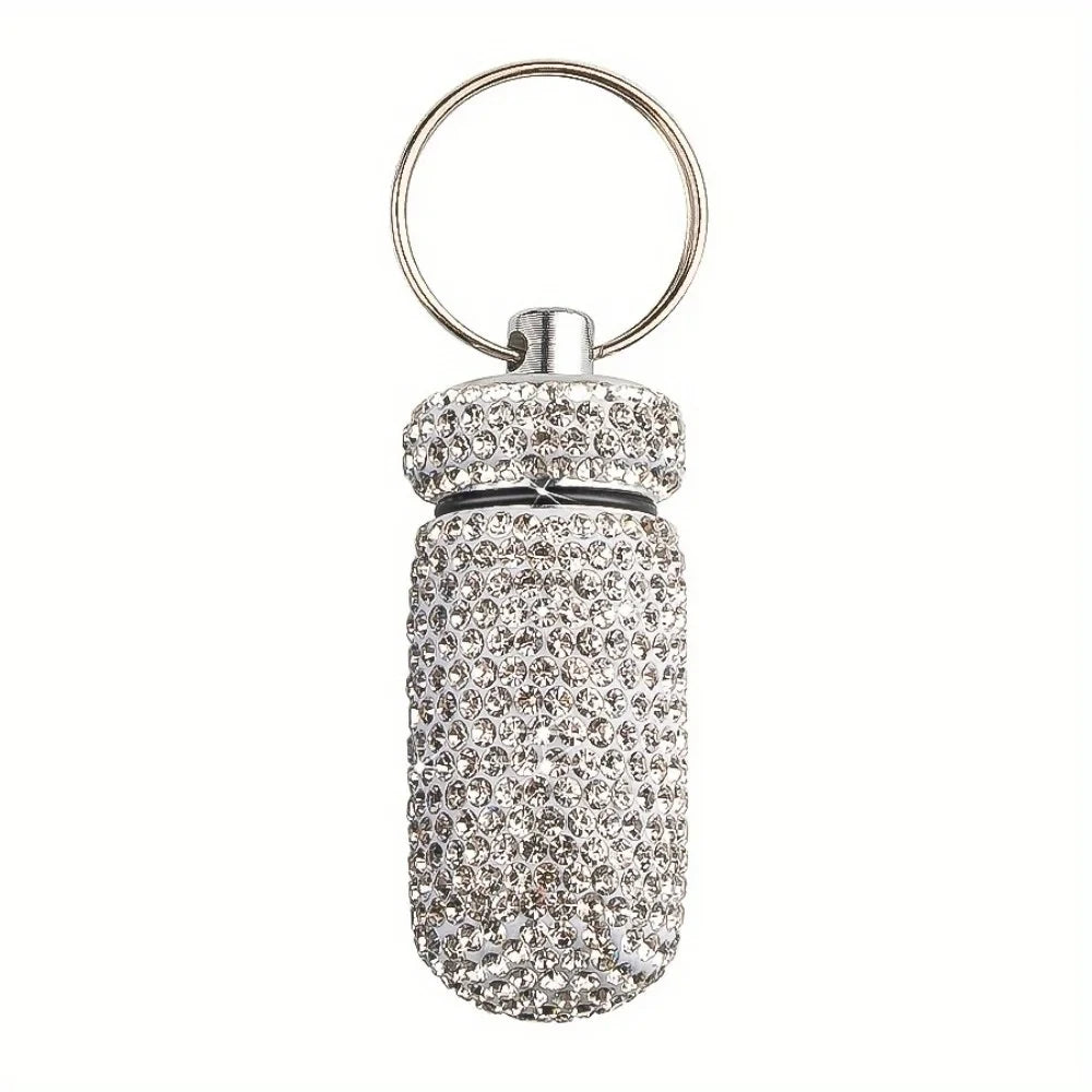 Portable Rhinestone Pill Container Keychain