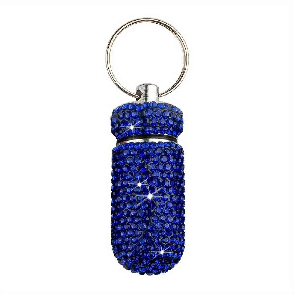 Portable Rhinestone Pill Container Keychain