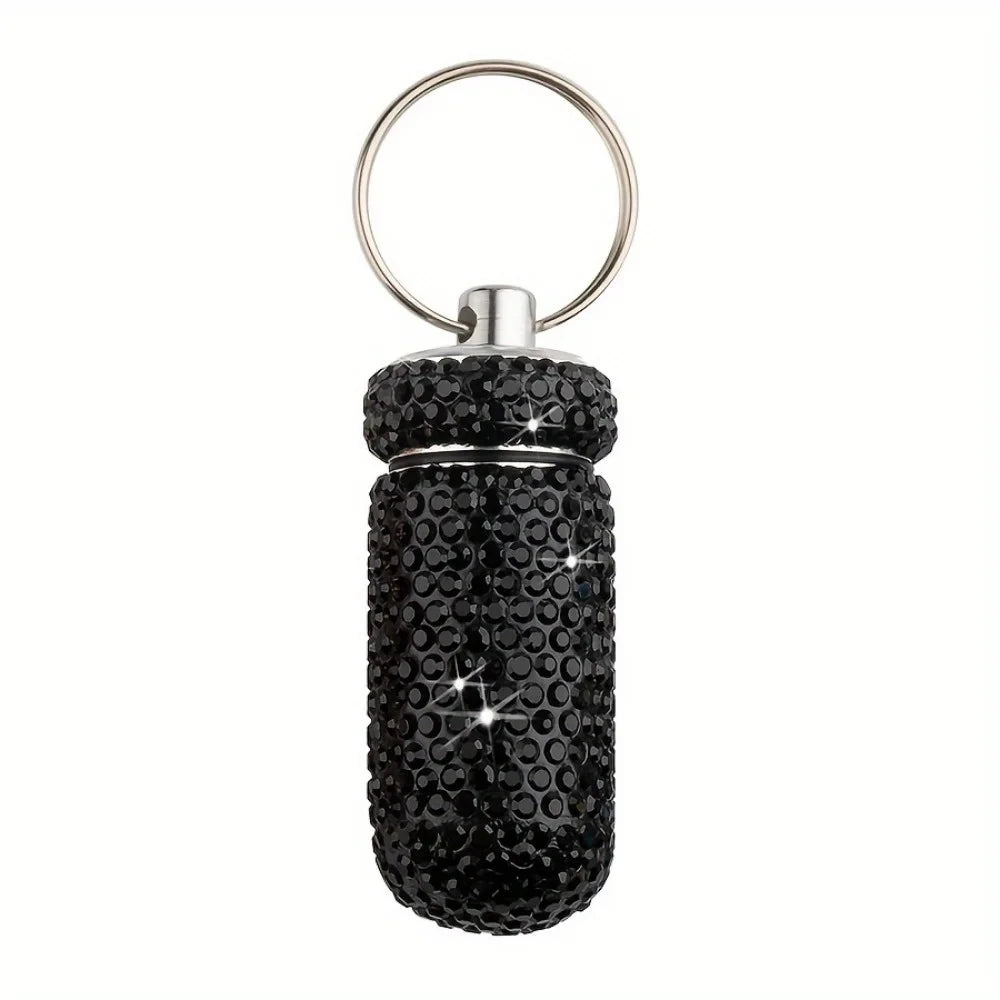Portable Rhinestone Pill Container Keychain