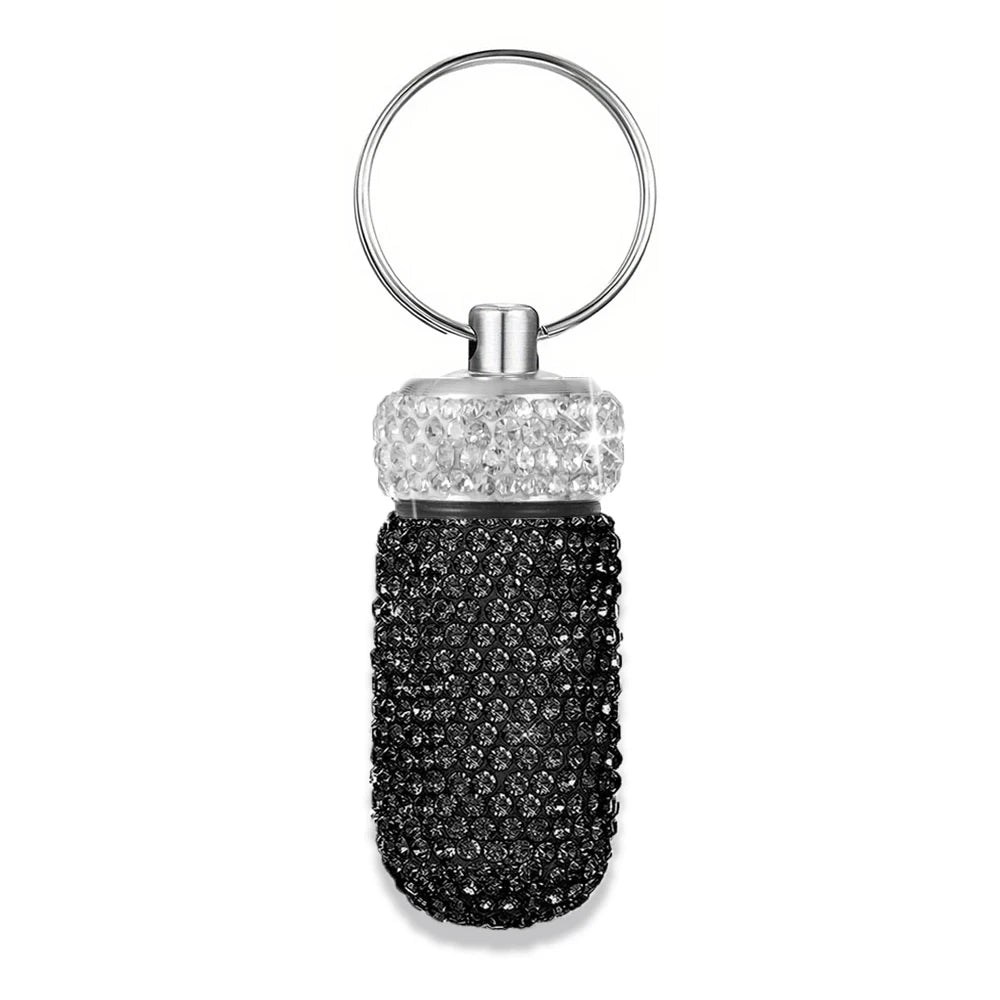 Portable Rhinestone Pill Container Keychain