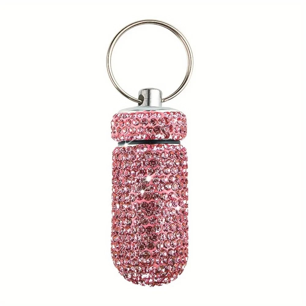 Portable Rhinestone Pill Container Keychain