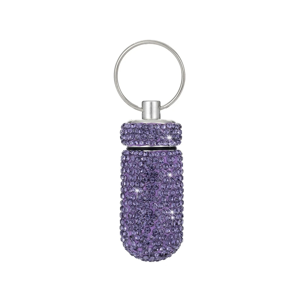 Portable Rhinestone Pill Container Keychain