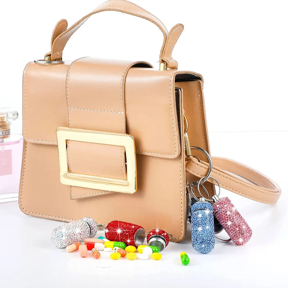 Portable Rhinestone Pill Container Keychain